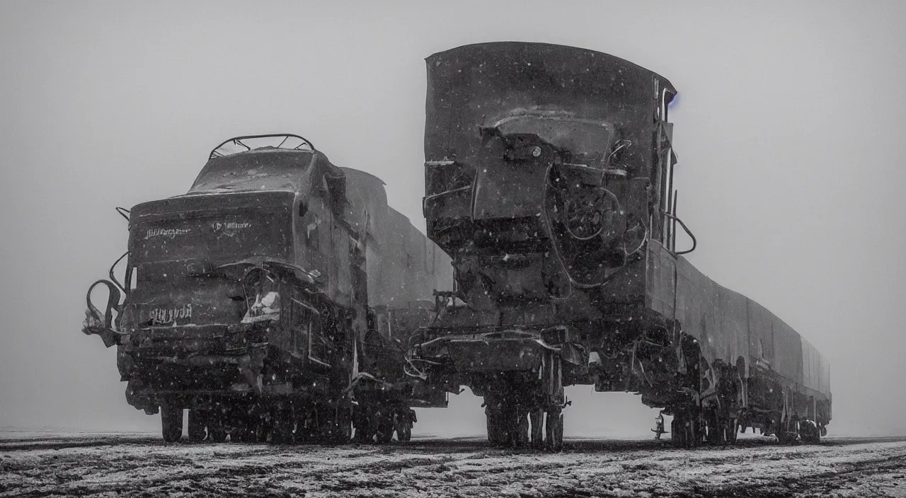 Prompt: “photo of one biomechanical mammoth/wagon/mamouth in an arctic storm with fog and blizzard, the mammoth drags old gigantic coal wagons with snow, it's a sunset photo with cold tones, some people around ”