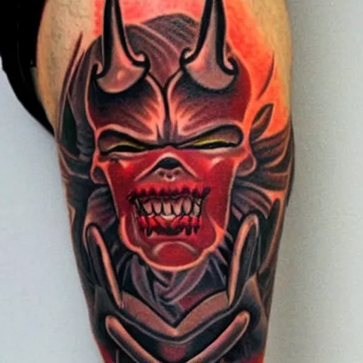 Prompt: devilish dark red tattoos on a man's body