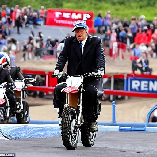 Image similar to trump riding motocross bike without wearing a helmet in new york doing a wheelie