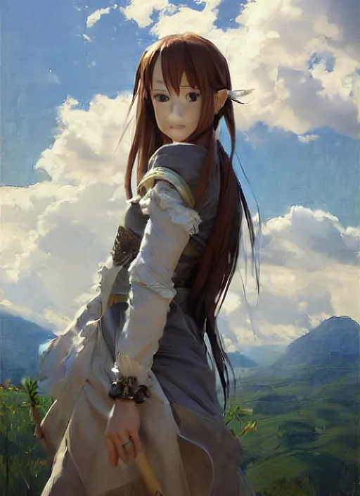 Image similar to portrait of Asuna Yuuki, countryside, fantasy character portrait, dynamic pose, above view, view from above, sunny day, thunder clouds in the sky, artwork by Jeremy Lipkin and Giuseppe Dangelico Pino and Michael Garmash and Rob Rey, very coherent symmetrical artwork, perfect face, simple form, 100mm