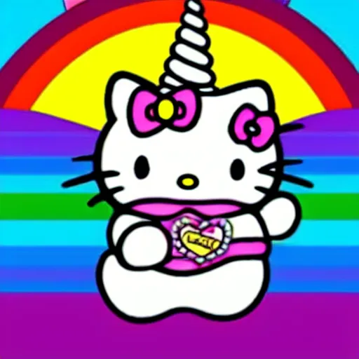 Image similar to Hello kitty riding a unicorn over a rainbow,