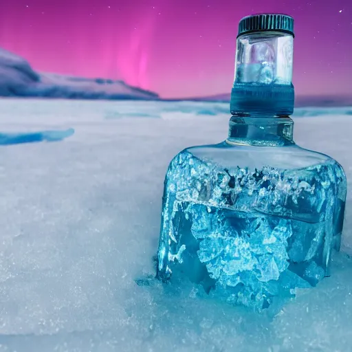 Prompt: vodka bottle buried in icy blue crystals in the arctic under aurora borealis