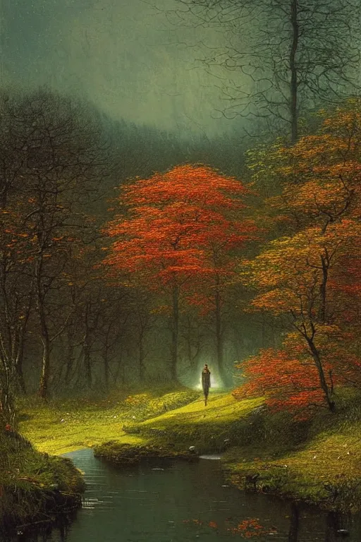 Image similar to beautiful matte painting by john atkinson grimshaw concept art fantasy path mountains and meadow in the background near a lake reflecting the trees, atmospheric lighting, painted, intricate, volumetric lighting, beautiful, rich deep colors masterpiece, sharp focus, ultra detailed by