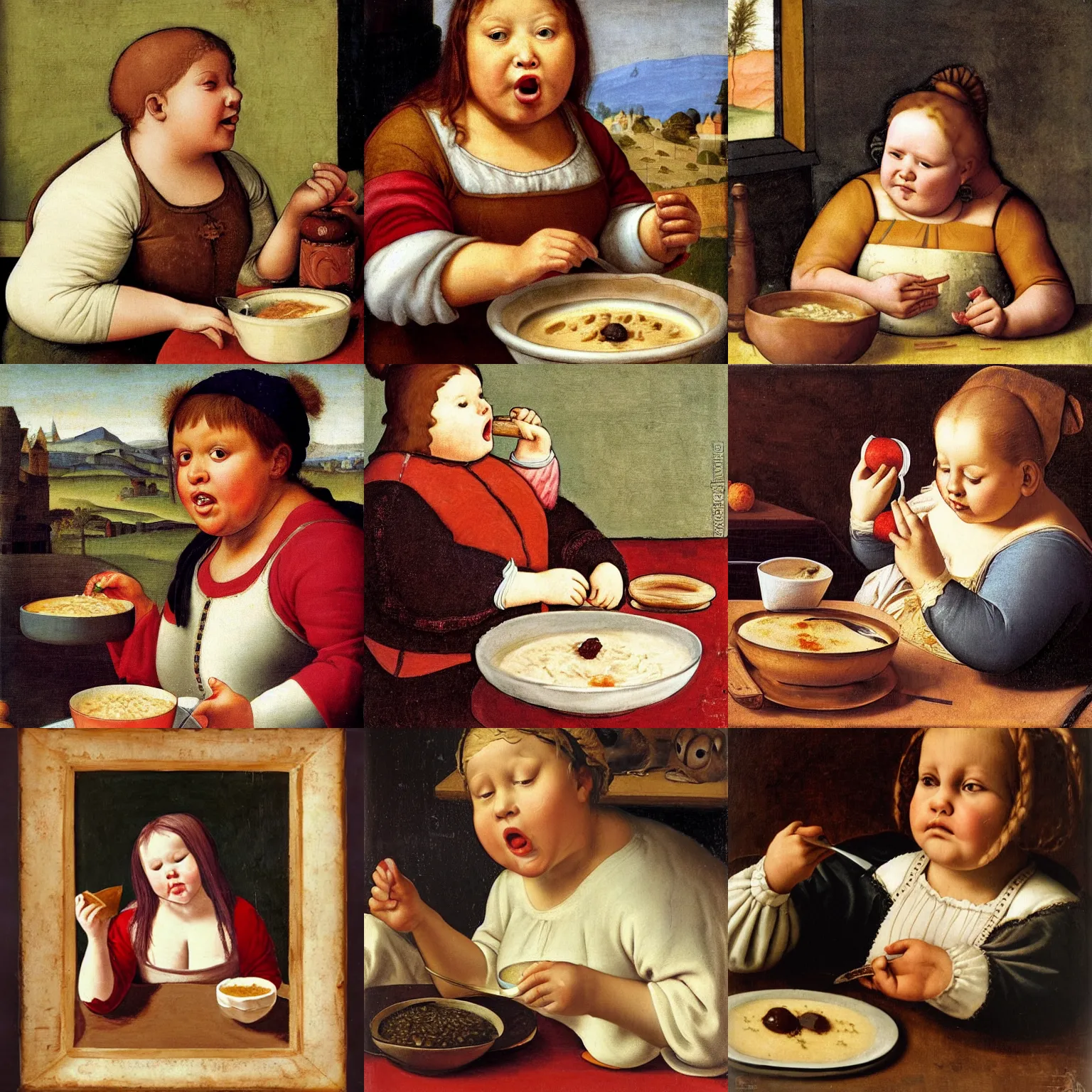 Prompt: a chubby girl eating porridge painfully, renaissance