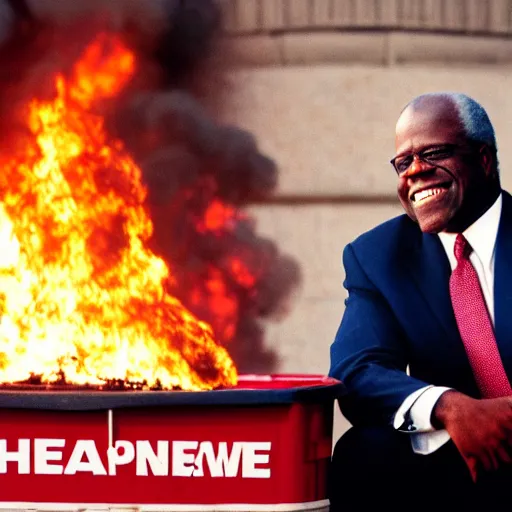 Prompt: Clarence Thomas watching a dumpster fire burn as he smiles, photo, cinematic, 8k