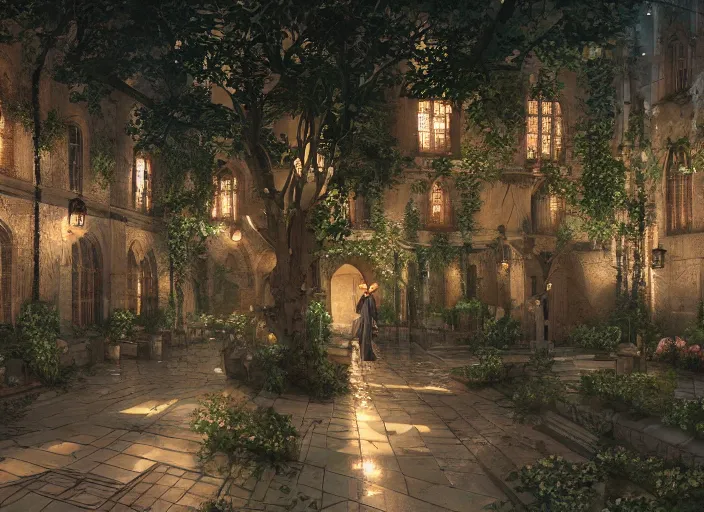 Prompt: environmental illustration of a cloister garden in a late renaissance city at night | | anime key visual, official media, illustrated by wlop, extremely detailed, 8 k, trending on pixiv, cinematic lighting, beautiful