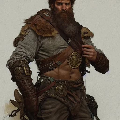 Image similar to portrait of a rugged ranger, muscular, upper body, hairy torso, D&D, fantasy, intricate, elegant, highly detailed, digital painting, artstation, concept art, smooth, sharp focus, illustration, art by alphonse mucha