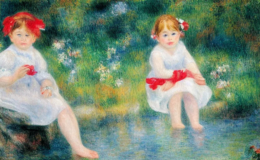 Prompt: a lonely beautiful little girl, wearing white cloths, and a red bow in her hair, playing with the water, sitting by the side of a creek, in the painting style of renoir, 8 k, detailed, rule of thirds