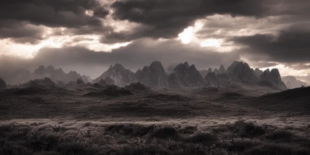 Prompt: award winning landscape photography by andy lee, lone tree in foreground with bright jagged mountains in background, sunset, dramatic lighting, clouds