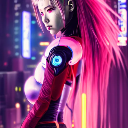 Image similar to An epic comic hyperrealistic portrait anime painting of a cyber warrrior girl wearing futuristic wardrobe, black and reddis, ultradetailed face expression trending on artstation and artbreeder, cyberpunk 2077 color, heavy rainning at tokyo night, neon light rooftop, unreal 5, DAZ, 8k, unreal 5 engine render, cosplay, RPG portrait, final fantasy Vll world concept, dramatic lighting, rim lights, PS5 render quality