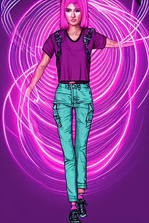 Image similar to a award winning half body portrait of a beautiful woman in a croptop and cargo pants with ombre purple pink teal hairstyle and hands in pockets by ari liloan, surrounded by whirling illuminated lines, outrun, vaporware, shaded flat illustration, digital art, trending on artstation, highly detailed, fine detail, intricate