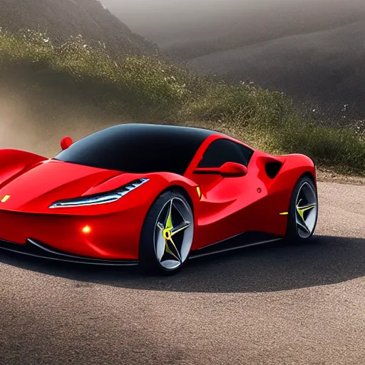 Image similar to a electric sport car designed by ferrari, outdoor magazine, ambient light, fog