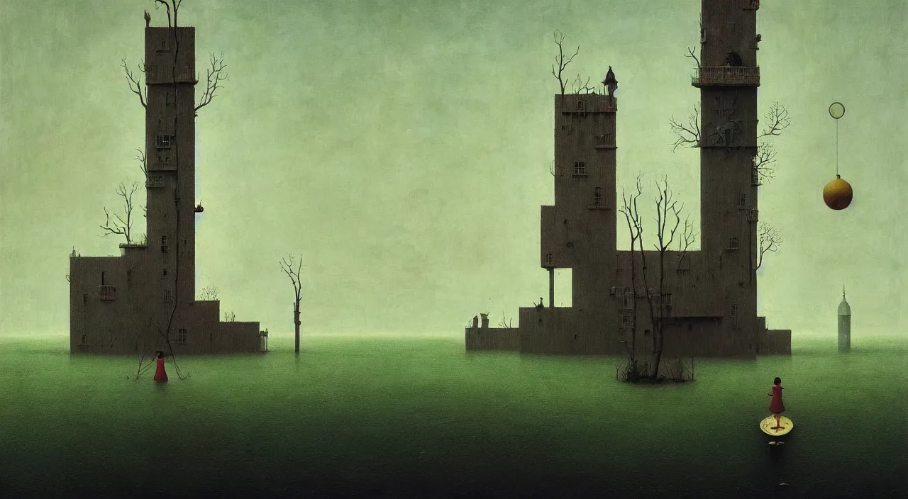 Image similar to single flooded simple!! tower anatomy, very coherent and colorful high contrast masterpiece by franz sedlacek hieronymus bosch dean ellis simon stalenhag rene magritte gediminas pranckevicius, dark shadows, sunny day, hard lighting