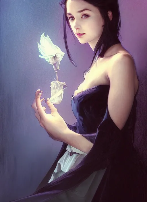 Image similar to girl, portrait, devil smile, ice magic, long face, sharp features, black hair, dark robe, dnd, art by artgerm and greg rutkowski and alphonse mucha, trending on artstation, cinematic light, pastel colors, volumetric shading, high radiosity dull skin, global illumination, radiant light, soft light, soft color dodge, subsurface scattering