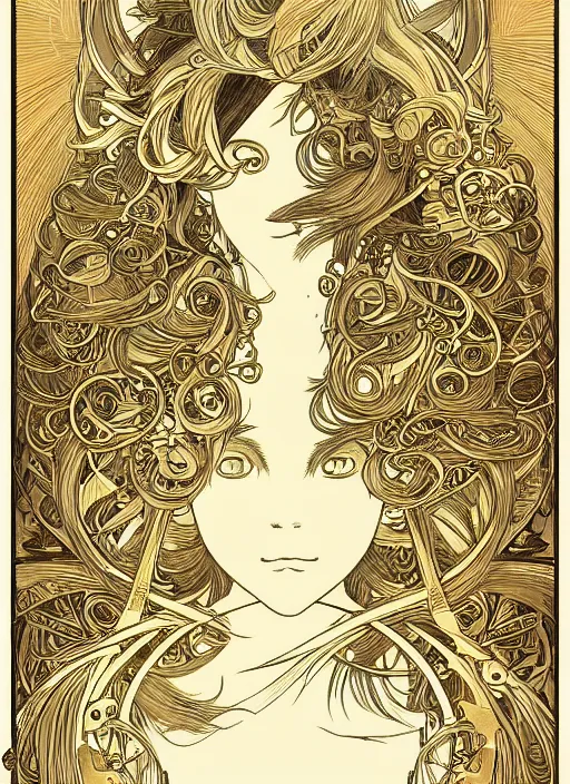 Image similar to photographer looking through camera, design on white background, gnarly details, gold, drawn by studio ghibli, alphonso mucha, lolish, trending on artstation