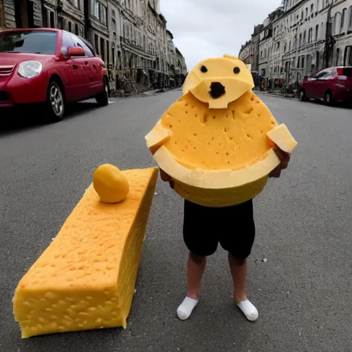 Image similar to boy made of cheese walks a dog made of cheese on a street made of cheese