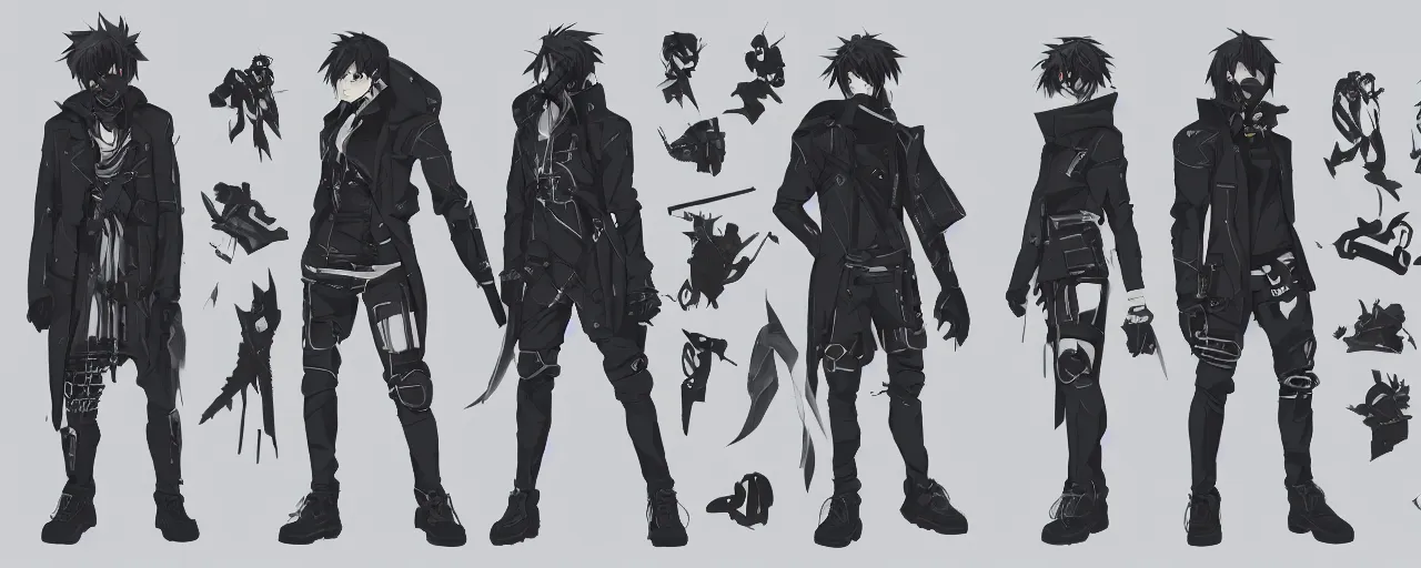 Prompt: a male anime cyberpunk hero protagonist with two swords, wearing a heavy jacket and heavy black boots, character concept exploration, outfit designs, trending on artstation; clear silhouette, strong and simplified design settei, perfect anatomy, clean edges