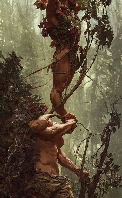 Image similar to god of the forest, 3 0 years old, rugged, male, gorgeous, detailed face, amazing, thighs!!!!!!, flowers, muscular, intricate, highly detailed, digital painting, artstation, concept art, sharp focus, illustration, art by greg rutkowski and alphonse mucha