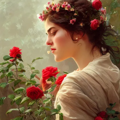 Image similar to woman smelling a flower, roses everywhere, highly detailed, digital painting, artstation, concept art, smooth, sharp focus, illustration, art by artgerm and greg rutkowski and alphonse mucha