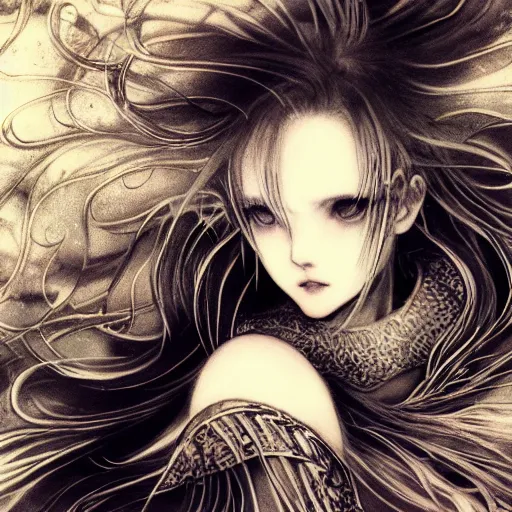 Image similar to yoshitaka amano blurred and dreamy illustration of an anime girl with black eyes, wavy white hair fluttering in the wind wearing elden ring armor and engraving, abstract black and white patterns on the background, noisy film grain effect, highly detailed, renaissance oil painting, weird portrait angle, blurred lost edges, three quarter view