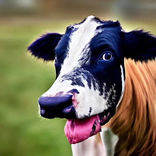 Image similar to a hybrid of a dog and a cow but mostly cow, 8 k, 4 k, professional photography, award winning photo
