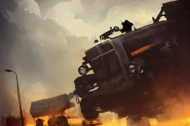 Image similar to epic concept art of a man standing with an oncoming truck. backlighting. strong contrast. by ashley wood and j. m. w. turner, speed painting, photo bash, cinematic angle, super detailing, strong perspective