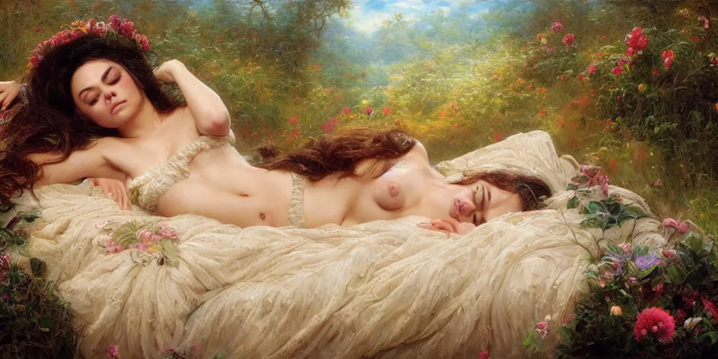 Image similar to Mila Kunis falling asleep, Lilia Alvarado, Sophie Anderson, Mark Arian, Bob Byerley, Charlie Bowater, Mark Brooks, Steve Henderson, Justin Gerard, Arthur Hughes, Edward Robert Hughes, Mark Keathley, Victor Nizovtsev, Carlos Shwabe, Ross Tran, WLOP