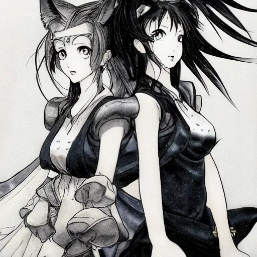 Prompt: Ahri and Lux, illustration by Takehiko Inoue, cinematic