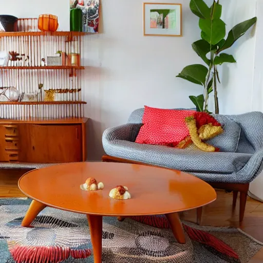 Prompt: spaghetti and meatballs shaped into a mid century modern living room set