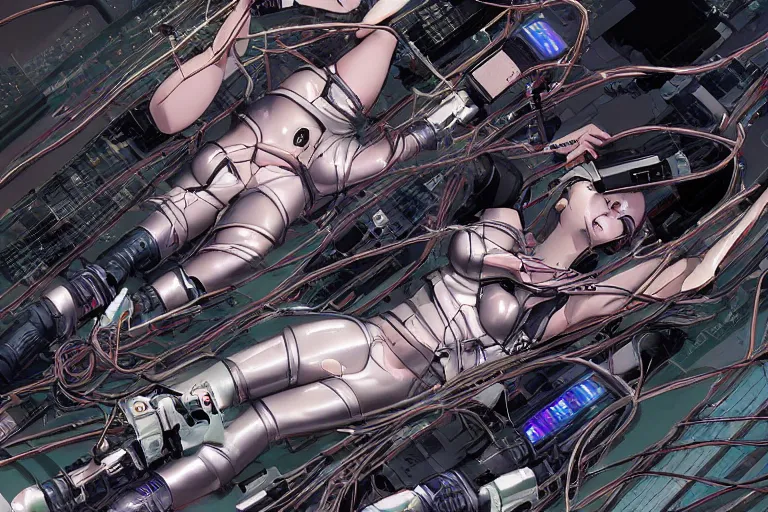 Image similar to a cyberpunk illustration of a group of coherent female androids in style of masamune shirow, lying on an empty, white floor with their bodies broken scattered rotated in different poses and cables and wires coming out, by yukito kishiro and katsuhiro otomo, hyper-detailed, intricate