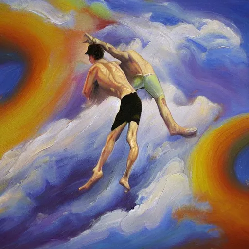 Prompt: Man falling from heaven. Oil painting.