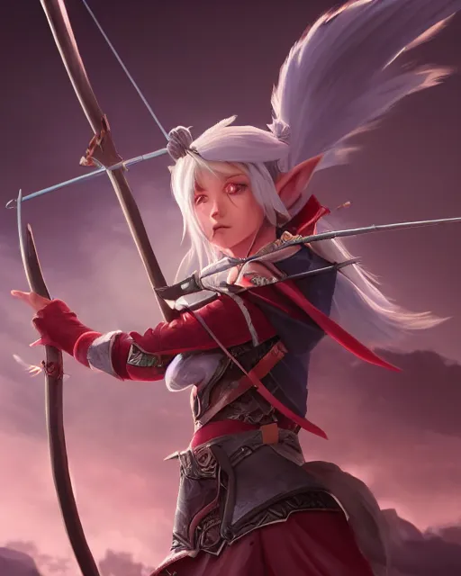 Image similar to female elf archer in a hoodie wielding a magical bow surrounded by wind particles, WLOP style, character art, fighting pose, mixed media, digital art, trending on artstation, 8k, epic composition, highly detailed, sharp focus