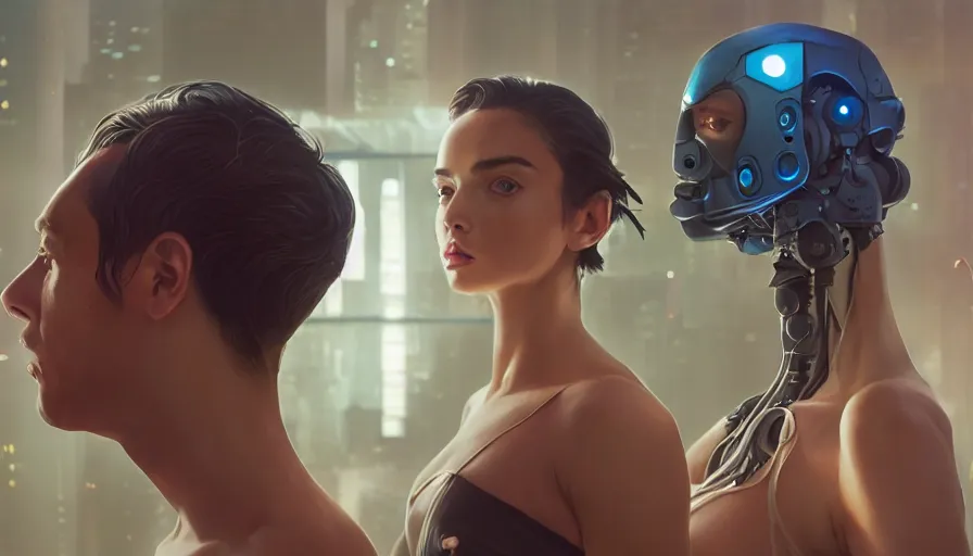 Image similar to intimacy, altered carbon, highly detailed surreal vfx portrait of a robot android, young ana de armas, madison beer, stephen bliss, unreal engine, greg rutkowski, loish, rhads, beeple, makoto shinkai and lois van baarle, ilya kuvshinov, rossdraws, tom bagshaw, global illumination, detailed and intricate environment