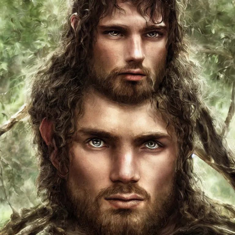 Image similar to closeup portrait photo of a male warrior, in a forest, lord of the rings style, elegant, highly detailed, centered, digital painting, smooth, sharp focus, 8 k. lifelike. soft light. nikon d 8 5 0. cinematic post - processing