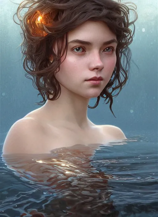 Image similar to full body portrait of a woman with short wavy hair, round face, cottagecore!!, lake water, submerged!!!, intricate, enlightened, highly detailed, digital painting, artstation, concept art, smooth, sharp focus, illustration, art by artgerm and greg rutkowski and alphonse mucha