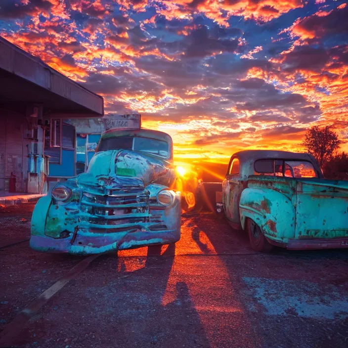 Image similar to a sunset light landscape with historical route 6 6, lots of sparkling details and sun ray ’ s, blinding backlight, smoke, volumetric lighting, colorful, octane, 3 5 mm, abandoned gas station, old rusty pickup - truck, beautiful epic colored reflections, very colorful heavenly, softlight