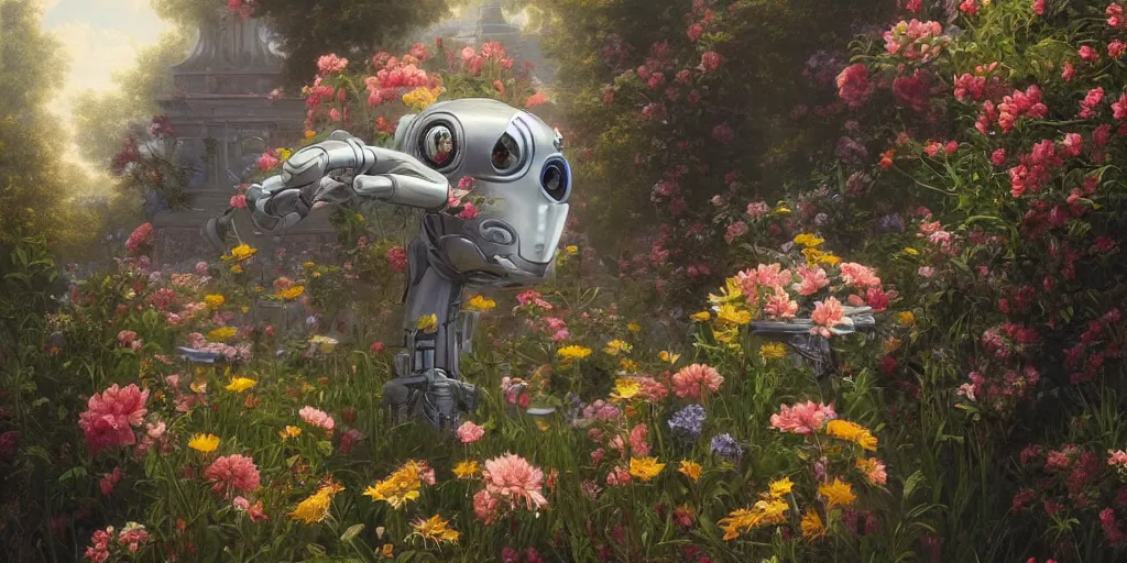 Image similar to robot head with flowers growing out, Thomas Cole, artgem, Tyler Edlin and Jean Delville, wide angle, minimalistic, highly detailed, masterpiece