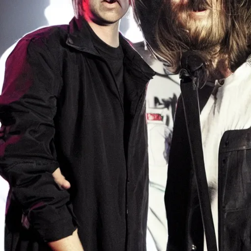 Prompt: slenderman and liam gallagher playing concert together