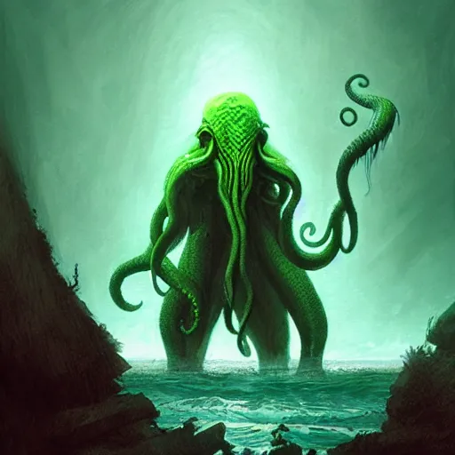 Prompt: Cthulhu emerging from the water while a man stands on the shore watching at night by Marc Simonetti