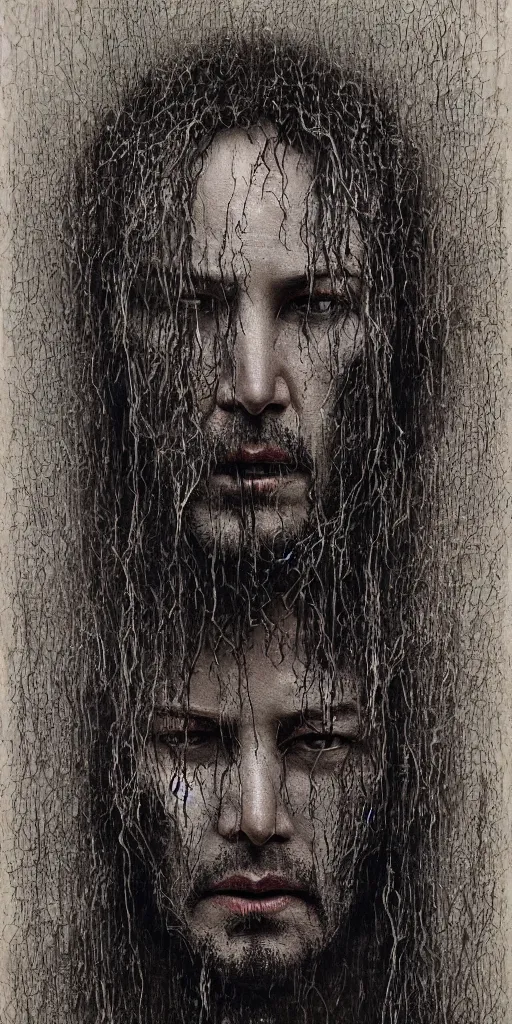 Image similar to portrait of keanu reeves, hyperdetailed, nightmare, abomination, ultrarealistic, by h. r. giger and zdislaw beksinski, science fiction, alien, religious art, mandelbrot fractal, trending on deviantart