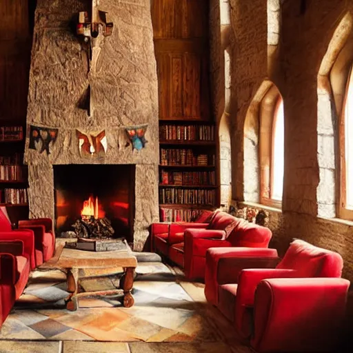 Image similar to A photograph of the Gryffindor common room, cozy arm chairs, a fire burning in the hearth, high ceilings, lit by many candles, light rays