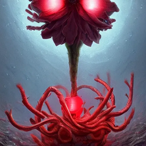 Prompt: a beautiful but creepy and haunting looking flower with a glowing red center, growing deep under the sea. Digital art, oil painting, insanely detailed and intricate, beautiful, haunting, trending on artstation, 8k hd