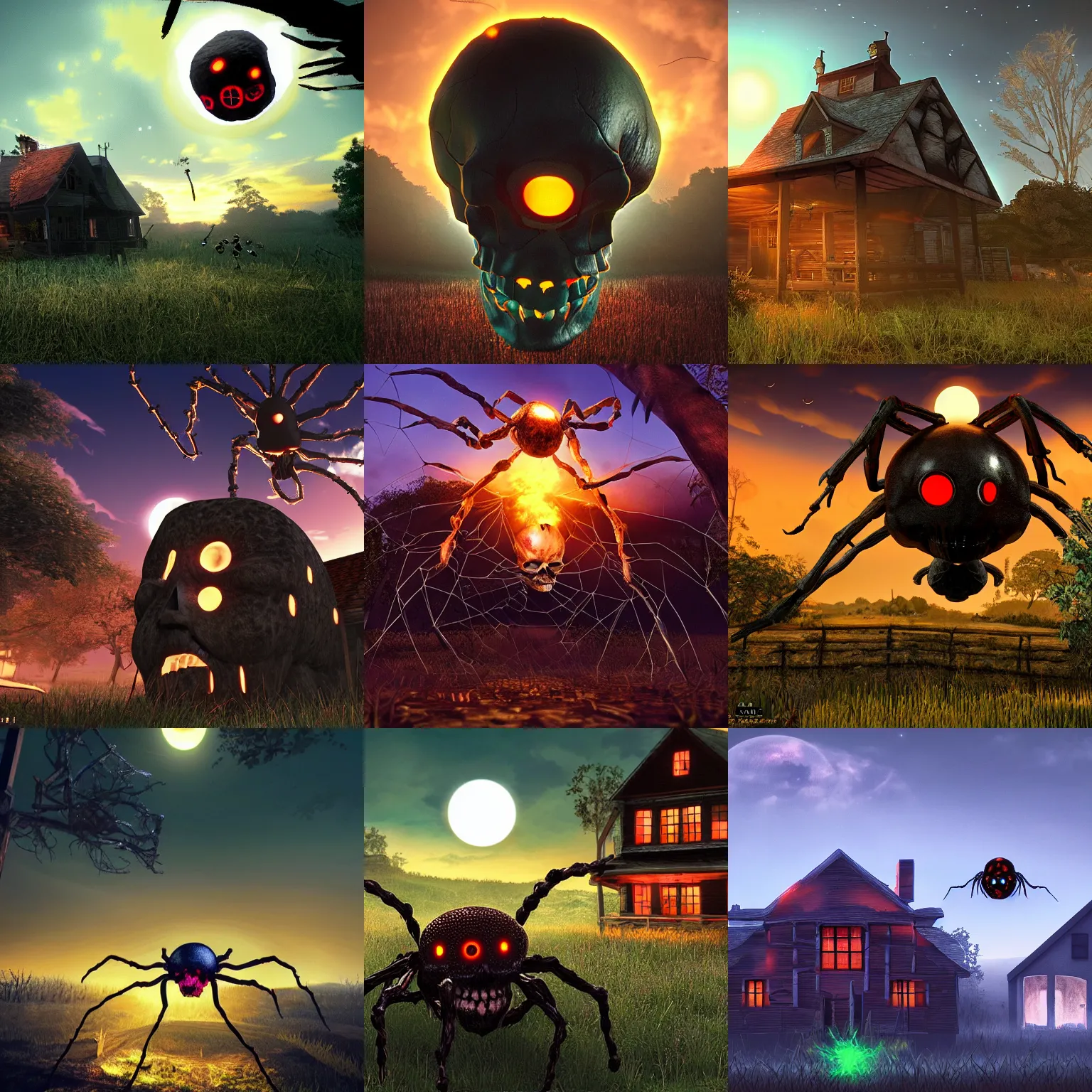 Prompt: giant skull spider with glowing eyes, hovering over a farmhouse at dusk, PC boxart