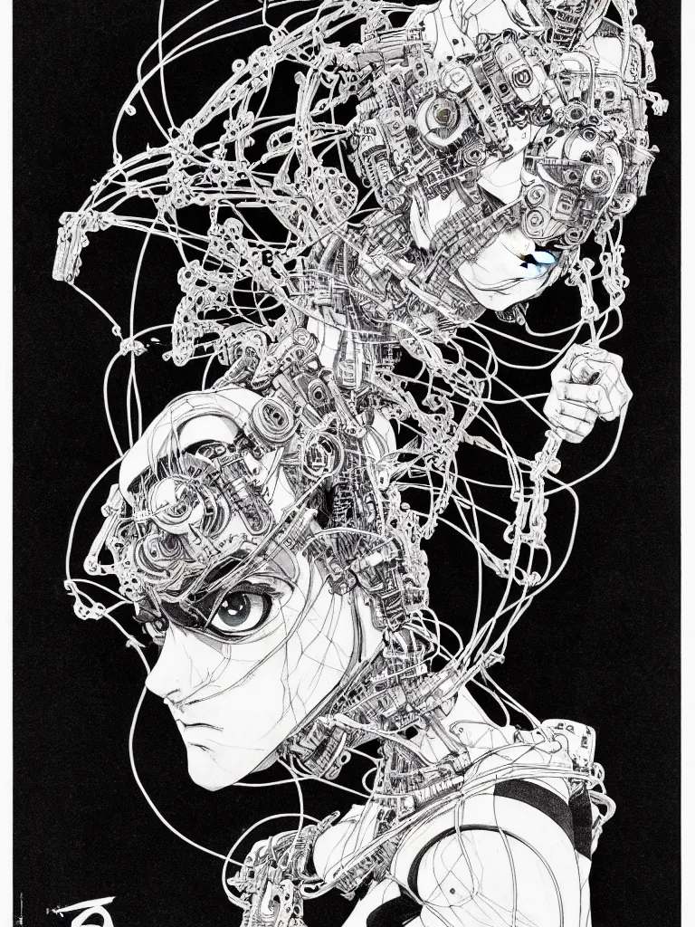 Prompt: prompt: Fragile looking portrait, portrait face drawn by Katsuhiro Otomo, accurate full body character drawing, inspired by Evangeleon and Akira 1988, cyborg and wire details, clean ink detailed line drawing, intricate detail, manga 1990, golden ration composition