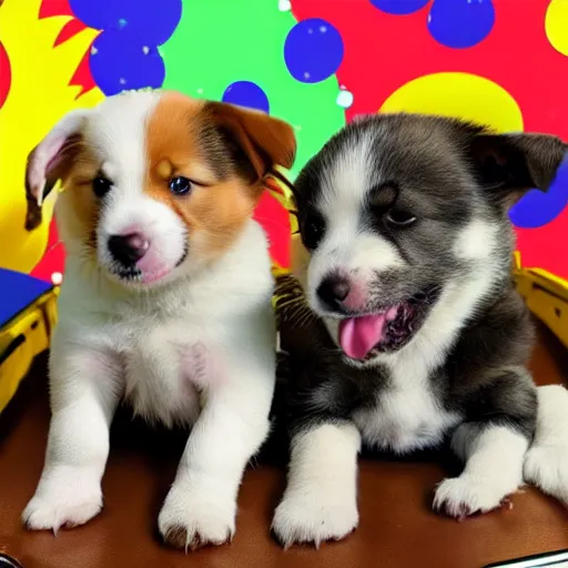 Prompt: photo of puppies as astronauts flying to the moon in a spaceship that looks like a pineapple and all of the stars are confetti