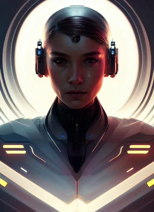 Image similar to symmetry portrait of a female future soldier, sci - fi, tech wear, glowing lights intricate, elegant, highly detailed, digital painting, artstation, concept art, smooth, sharp focus, illustration, art by artgerm and greg rutkowski and alphonse mucha