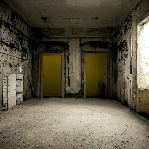 Image similar to the backrooms, the eerie forlorn atmosphere of a place that's usually bustling with people but is now abandoned and quiet, walls with a monochromatic tone of yellow, buzzing fluorescent lights, unsettling images