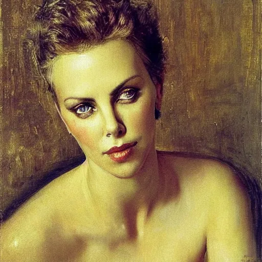 Image similar to frisky charlize theron by ilya repin