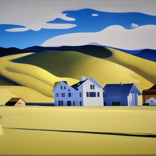 Image similar to dreaming futuristic rural landscape with modern houses, painted by Alex Katz and Edward Hopper, airbrush, highly detailed