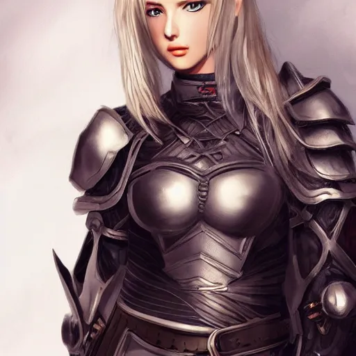 Prompt: a beautiful woman wearing leather armor, blonde, long hair, pixiv, hyperrealistic